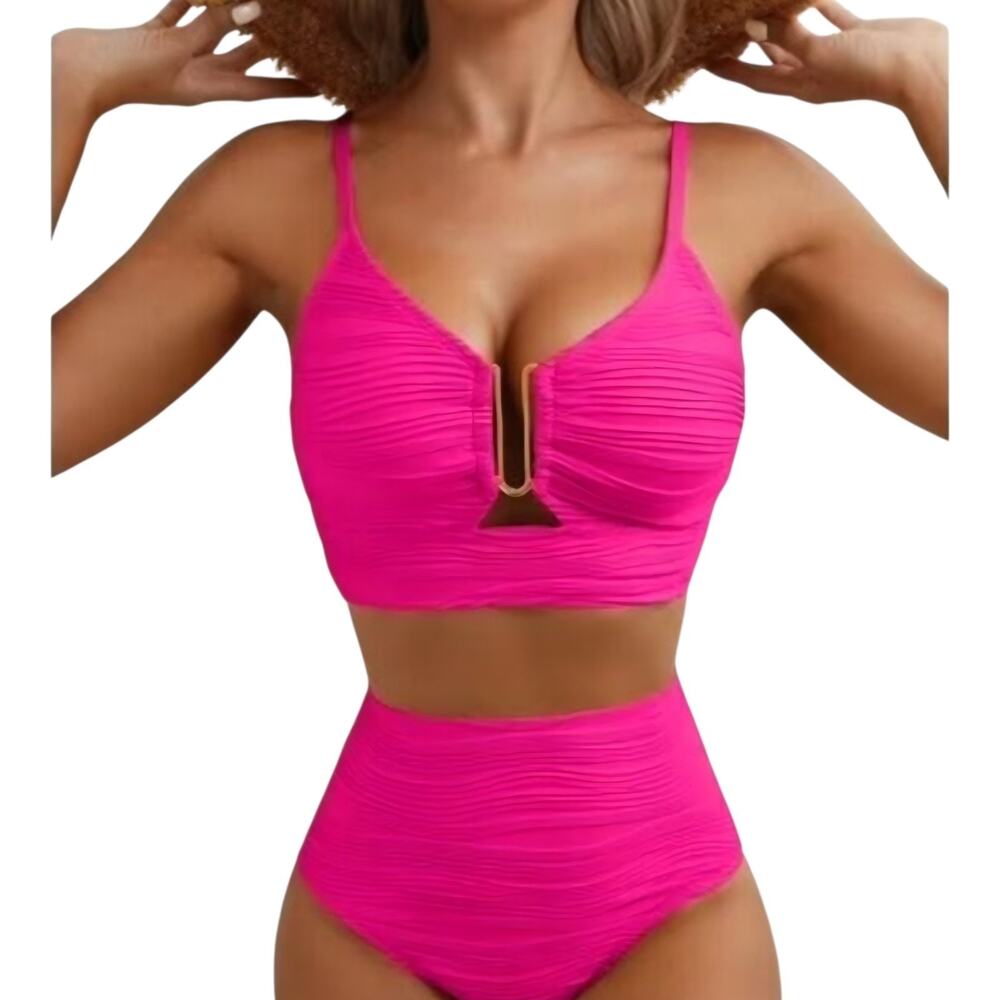 Eytino Women's Hot Pink Textured V Cutout Tummy Control High Waisted Bikini Set